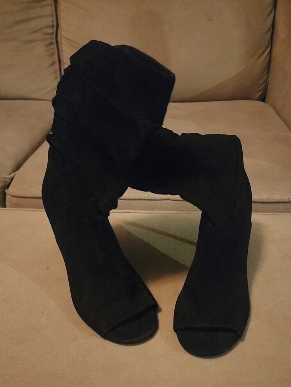 Charles David Black Peep-Toe Suede Heeled Mid-Calf Boots